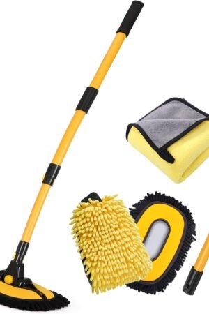 57'' Car Wash Brush with Long Handle Chenille Microfiber Car Wash Kit， Mitt Retractable Bent Pole Car Wash Brush for Cars RV Truck Boat (Yellow)