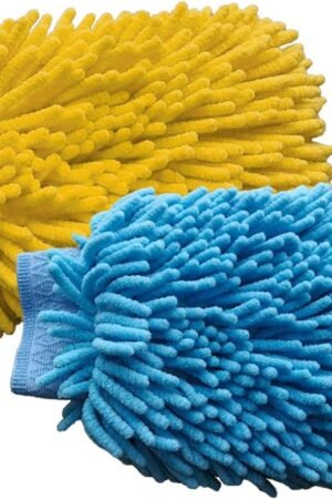 2PCS Microfiber Soft Chenille Car Wash Mitts, Scratch and Lint Free Car Dusting Glove, Double Sided Wash Mitt, Ultra Absorbent for Car Washing, Home Cleaning Mitt (Blue&Yellow)