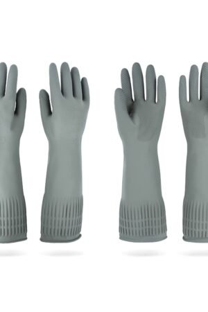 2 Pairs Reusable Waterproof Household Dishwashing Cleaning Rubber Gloves, Non-Slip Kitchen Glove (Grey, Medium (Pack of 2))