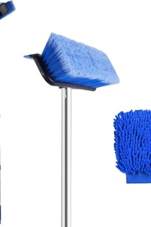60" Car Wash Brush with Long Handle, Car Wash Mitt Included, 2 in 1 Soft Bristle and Rubber Squeegee Washing Kit for Cleaning RV, Truck, Boat, Solar Panel, Deck