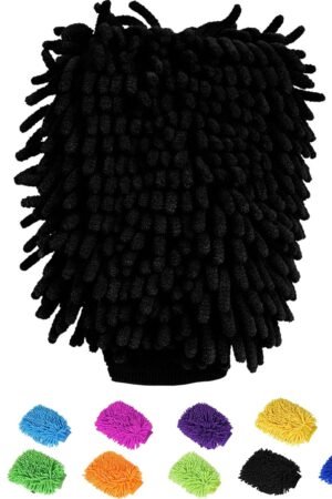 Car Wash Mitt Chenille Microfiber Super Absorbent, Premium Car Washing Gloves for Cleaning Cars, Trucks, Motorcycles (Black)