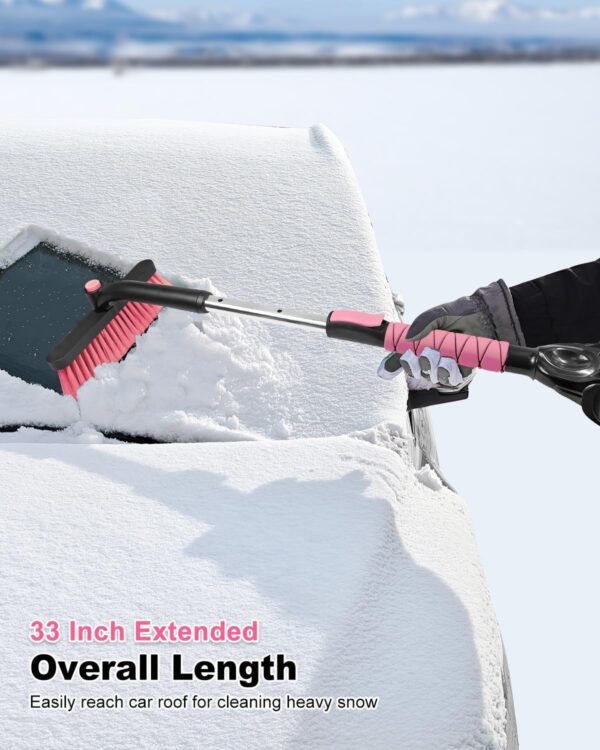 33 Inch Snow Brush and Ice Scraper for Car Windshield, Extendable Snow Scraper and Brush with Foam Grip for Truck SUV Vehicle Window - Pink - Image 2