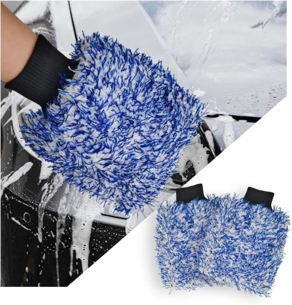 2 PCS Car Wash Mitt, 8"×10" Soft & Scratch-Free Premium Plush Microfiber Washing Glove, Machine Washable Lint Free Absorbent Detailing Wash Mitt, Universal Car Accessories (Blue)