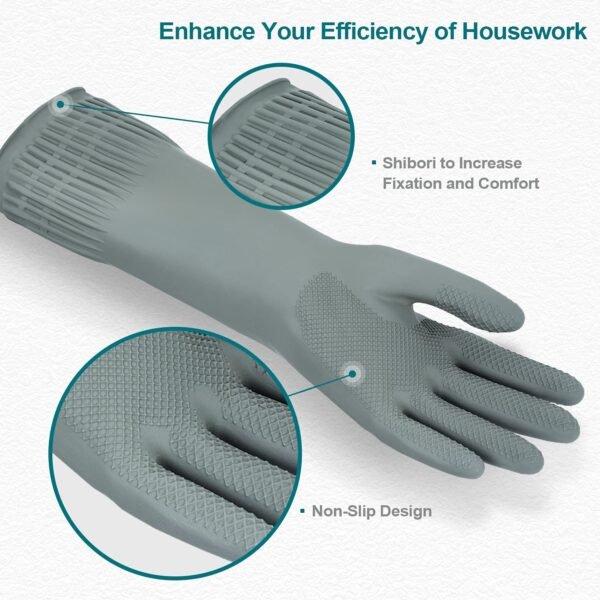 2 Pairs Reusable Waterproof Household Dishwashing Cleaning Rubber Gloves, Non-Slip Kitchen Glove (Grey, Medium (Pack of 2)) - Image 2
