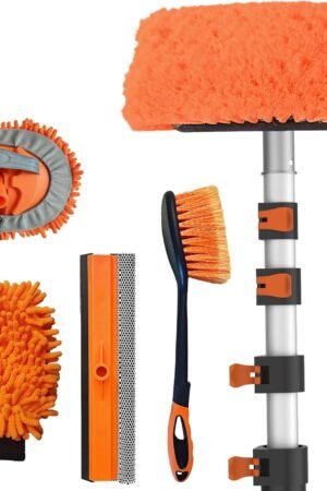 20FT Reach Car Wash Brush with Long Handle, Car Cleaning Kit with Soft Bristle Wash Brush, Microfiber Cleaning Mop, Window Squeegee, Mitt, Wheel Brush for RV, Truck, Boat, House Siding