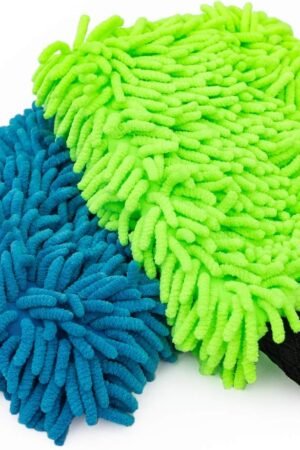 Premium Chenille Microfiber Knobby Wash Mitts - Perfect for Car Washing and Detailing; Scratch-Free, Lint-Free, Double-Sided, Plush, and Absorbent; Lime Green + Blue (2-Pack)