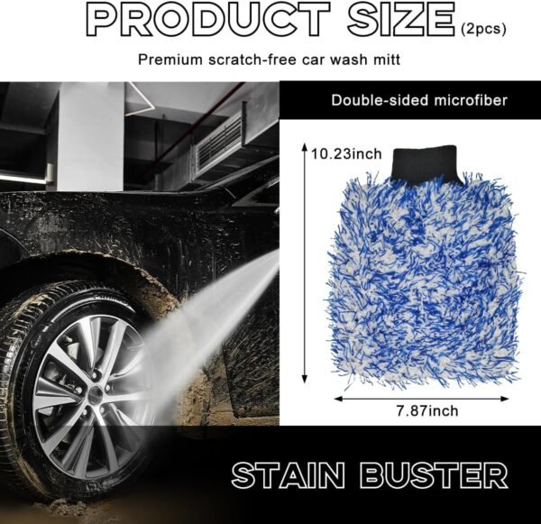 2 PCS Car Wash Mitt, 8"×10" Soft & Scratch-Free Premium Plush Microfiber Washing Glove, Machine Washable Lint Free Absorbent Detailing Wash Mitt, Universal Car Accessories (Blue) - Image 2