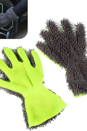 2 PCS Car Wash Mitts, 11.8" x 8.5" Scratch-Free Chenille 5-Finger Microfiber Wash Mitts, Double-Sided Coral Velvet Car Cleaning Gloves, Universal Cleaning Tool for Cars Families (Gray&Green)