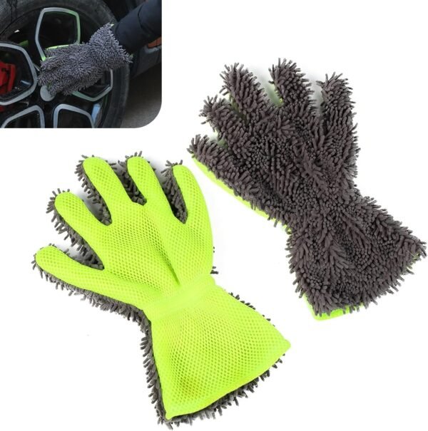 2 PCS Car Wash Mitts, 11.8" x 8.5" Scratch-Free Chenille 5-Finger Microfiber Wash Mitts, Double-Sided Coral Velvet Car Cleaning Gloves, Universal Cleaning Tool for Cars Families (Gray&Green)