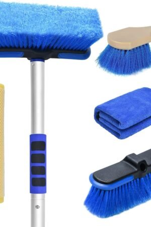 62'' Car Wash Brush with Long Handle, Scratch-Free Soft Bristles Sturdy Car Wash Mop, Extension Pole Cleaning Brush Kit Wash Towel Windshield Squeegee Wheel Tire Brush for Car Truck RV