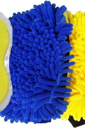 3PCS Car Wash Set with 2-Pack Coral Fleece Chenille Gloves + 1 Soft Sponge | Dual-Sided for Wet/Dry Use | Car & Home Cleaning | Kitchen, Office, Bathroom, Bike, E-Bike(Blue+Yellow)