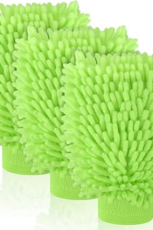 3 Pack Chenille Microfiber Car Wash Mitt, 7" x 9.6" Car Washing Mitts, Home Dusting Gloves, Scratch Free Lint-Free, Highly Absorbent, Double Sided, for Cleaning Detailing Polish (Green)