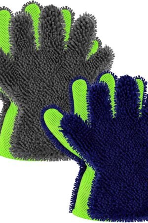 2 Packs Car Wash Mitt 5 Finger Microfiber Wash Mitts Auto Car Dusting Gloves Double Sided Cleaning Gloves for Kitchen Home(Blue and Gray)