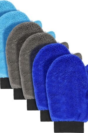 6 Pcs Microfiber Dusting Mitt with Thumb Washable Reusable Household Cleaning Mitt Car Wash Gloves Terry Weave Dusting Gloves for Plant Car Wheel House Blinds Kitchen Pool Dust(Blue, Grey)