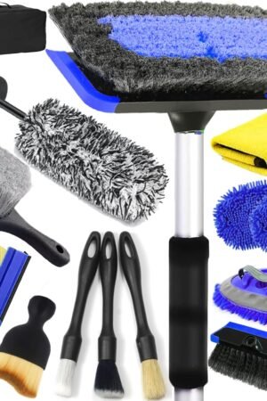 62'' Car Wash Brush with Long Handle, Car Wash Kit with Tire Brush, Car Detailing Brush,Window Squeegee, Chenille Microfiber Car Wash Mop Mitt, Car Cleaning Brush Kit Supplies for Car, Truck, SUV, RV